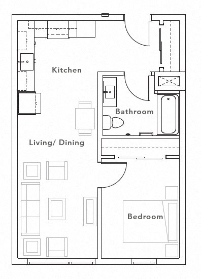 Floor plan for 1 bed, 1 bath, 604 sqft